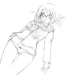  :o artist_request blush bow bowtie dutch_angle folded_ponytail glasses greyscale groin komaki_manaka long_sleeves lowres monochrome open_mouth over-rim_eyewear sailor_collar school_uniform semi-rimless_eyewear simple_background solo thigh_gap to_heart_2 white_background 