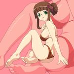  a1 barefoot bikini breasts brown_hair feet fujisawa_yayoi_(uchuu_no_stellvia) glasses green_eyes hair_bun hair_ornament large_breasts open_mouth sideboob sitting solo swimsuit uchuu_no_stellvia zoom_layer 