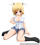  art_jam black_legwear blonde_hair breasts cleavage copyright_request kneehighs large_breasts no_bra plaid plaid_skirt pleated_skirt purple_eyes school_uniform short_hair sitting skirt solo wariza watermark web_address 