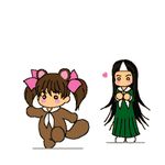  2girls ? animated animated_gif chibi fukuzawa_yumi ghost heart hosokawa_kanako long_sleeves lowres maria-sama_ga_miteru multiple_girls sigh stalking tanuki triangular_headpiece walking 