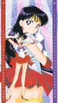  1girl 90s back_bow bare_legs bishoujo_senshi_sailor_moon black_hair bow calendar_(medium) character_name choker circlet earrings elbow_gloves gloves heart high_heels highres hino_rei itou_ikuko jewelry june legs long_hair magical_girl may official_art pleated_skirt purple_eyes red_sailor_collar red_skirt sailor_collar sailor_mars sailor_senshi_uniform shoes skirt solo star star_choker star_earrings super_sailor_mars tiara white_gloves 