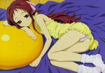  ball bed_sheet blush dress exercise_ball flat_chest frills hair_ribbon highres long_hair lying megami morioka_hideyuki non-web_source official_art on_floor on_side onda_aka panties pantyshot pantyshot_(lying) ponytail rec red_eyes red_hair ribbon scan short_dress sleepy smile socks solo underwear white_panties 