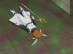  ankle_boots boots brown_hair dress faceplant from_above full_body indoors long_sleeves lying lyrical_nanoha mahou_shoujo_lyrical_nanoha on_floor on_stomach polearm raising_heart rod screencap solo staff takamachi_nanoha tile_floor tiles twintails weapon white_dress white_footwear 