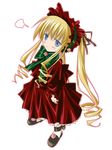  :&lt; bangs blonde_hair blue_eyes blush bonnet bow capelet dress drill_hair flower long_hair long_sleeves pin.x red_capelet ribbon rose rozen_maiden shinku socks solo twintails 