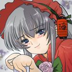  akachouchin artist_request blue_eyes bonnet close-up closed_mouth dress face flower futaba_channel hair_between_eyes lampion lowres red_dress rose rozen_maiden silver_hair smile solo upper_body 