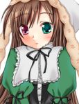  artist_request black_ribbon blush brown_hair close-up closed_mouth cross-laced_clothes face frills green_eyes head_scarf heterochromia long_hair puffy_sleeves red_eyes ribbon rozen_maiden simple_background solo suiseiseki upper_body very_long_hair wavy_mouth 