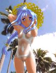  beach blue_eyes blue_hair braid breasts day hat long_hair nipples one-piece_swimsuit original outdoors palm_tree saida_kazuaki school_swimsuit see-through single_braid sky small_breasts solo straw_hat sun_hat swimsuit tree wet wet_clothes white_school_swimsuit white_swimsuit wind 