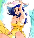  arm_up blue_hair breasts cleavage dress hat igarasy large_breasts long_hair open_mouth original sketch solo yellow_dress 