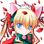  animal_ears artist_request blonde_hair blue_eyes blush bow bowtie cat_ears expressionless face fake_animal_ears flower lowres petals pink_flower pink_rose rose rose_petals rozen_maiden shinku simple_background solo upper_body white_background 