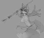  2019 anthro breasts canid canine clothed clothing digital_media_(artwork) female fox fur greyscale hair krystal mammal monochrome nintendo nipples oughta partially_clothed sketch solo star_fox video_games 