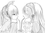  artist_request blush chin_rest closed_eyes drinking drinking_straw greyscale long_hair long_sleeves monochrome multiple_girls profile rozen_maiden shared_drink shinku simple_background suigintou yuri 