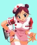  artist_request clipboard copyright_request digital_thermometer double_bun name_tag nurse red_hair short_hair solo thighhighs zettai_ryouiki 