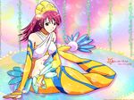  artist_request asymmetrical_gloves bare_shoulders bracelet bridal_gauntlets copyright_name detached_sleeves fins full_body glint gloves headwear jewelry kaleido_star mermaid midriff monster_girl naegino_sora navel necklace orange_eyes pearl pearl_bracelet pendant pink_hair sitting smile solo stomach wallpaper 