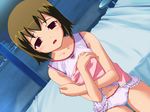  bangs bare_arms bed crossed_arms dutch_angle game_cg holding_clothes kawata_hisashi looking_at_viewer navel official_art open_mouth panties red_eyes routes short_hair sleepwear solo tatsuta_nanami underwear white_panties 