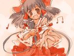  beamed_eighth_notes hakurei_reimu long_sleeves microphone momiji_mao music musical_note open_mouth outstretched_hand quarter_note singing solo touhou 