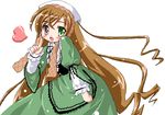  :d brown_hair dress gown green_dress green_eyes head_scarf heart heterochromia index_finger_raised kekyo layered_sleeves long_hair long_sleeves oekaki open_mouth red_eyes rozen_maiden simple_background smile solo suiseiseki very_long_hair white_background 