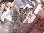  artist_request blonde_hair city happy long_hair majokko_a_la_mode majokko_a_la_mode_2 mariemaia_glory purple_eyes sitting snowing solo twintails wallpaper window 