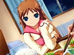  blue_eyes bowl brown_hair chopsticks curtains food game_cg hair_ornament kawata_hisashi long_hair long_sleeves looking_at_viewer rice routes smile solo window yuasa_satsuki 