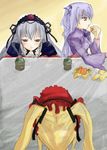  artist_request barasuishou blonde_hair food fruit holding holding_food holding_fruit kotatsu long_sleeves mandarin_orange multiple_girls rozen_maiden shinku suigintou table 