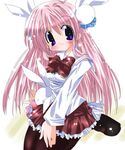  animal_ears artist_request black_legwear blush bow bowtie bunny_ears bunny_hair_ornament hair_ornament long_hair long_sleeves looking_at_viewer misha_(pita_ten) pantyhose pink_hair pita_ten purple_eyes school_uniform skirt smile solo 