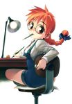  braid copyright_request desk glasses long_sleeves mouth_hold overall_shorts overalls red_hair satou_toshiyuki single_braid solo 