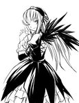  armlet artist_request cross-laced_clothes dress frilled_dress frilled_sleeves frills greyscale hands_together juliet_sleeves long_hair long_sleeves looking_at_viewer monochrome puffy_sleeves rozen_maiden simple_background solo standing suigintou white_background wings 