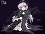  akinoko highres long_hair long_sleeves pink_eyes rozen_maiden silver_hair solo suigintou upskirt wallpaper 