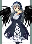  :d artist_request black_wings blush cross dress flower frilled_sleeves frills gothic_lolita hairband hands_together inverted_cross latin_cross lolita_fashion lolita_hairband long_hair long_sleeves looking_at_viewer open_mouth red_eyes rose rozen_maiden silver_hair smile solo suigintou wings 