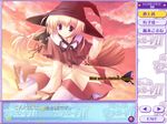  blonde_hair blush braid broom broom_riding cat game_cg hair_ribbon hat komatsu_eiji long_sleeves majokko_a_la_mode_2 mint_lentil purple_eyes ribbon smile solo thighhighs witch witch_hat 