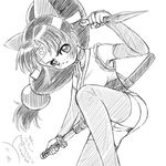  artist_request bangs blunt_bangs choker fingerless_gloves fishnets gloves greyscale headband japanese_clothes katana kimono kunai long_hair low-tied_long_hair miniskirt monochrome ninin_ga_shinobuden ninja obi onsokumaru panties sash shinobu short_kimono skirt smiley_face solo sword thighhighs underwear weapon 