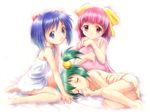  bangs barefoot bed_sheet blue_eyes blue_hair blush bob_cut bow chemise closed_eyes flat_chest frills goto_p green_hair hair_bobbles hair_bow hair_ornament indoors inu_no_nana kaeru_no_ruru leaning_forward light_smile looking_at_viewer multiple_girls non-web_source outline pajamas pillow pillow_hug pink_eyes pink_hair saru_no_momo short_hair short_twintails shorts sitting sleeping smile tenshi_no_shippo thumb_sucking twintails underwear underwear_only wariza 