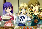  artist_request artoria_pendragon_(all) blonde_hair bowl chopsticks fate/stay_night fate_(series) food fujimura_taiga long_sleeves matou_sakura multiple_girls oven_mitts pot rice rice_bowl saber 