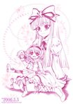  2girls artist_request bangs blunt_bangs blush character_request dress hairband hime_cut hina_ichigo long_hair long_sleeves looking_down looking_up monochrome multiple_girls pantyhose pink ribbon rozen_maiden sitting sitting_on_lap sitting_on_person size_difference smile 