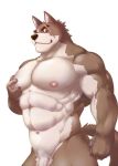  5_fingers abs biceps black_nose brown_fur canid canine eyebrows fur grope hand_on_chest looking_at_viewer male mammal manya muscular muscular_male navel nipples nude pecs penis pink_nipples pubes quads red_eyes scar serratus smile solo triceps vein veiny_penis white_fur 