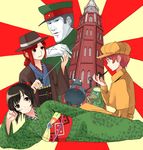  2girls black_hair body_mahattaya_ginga copyright_request detective gloves hat holding holding_pipe japanese_clothes kappa kimono long_sleeves lying multiple_boys multiple_girls on_side pipe red_hair robot sword tower weapon white_gloves 
