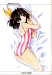  bed_sheet brown_eyes brown_hair casual_one-piece_swimsuit enomoto_tsukasa hair_intakes hair_ribbon hasumi_eran highres lying on_side one-piece_swimsuit pia_carrot_(series) pia_carrot_e_youkoso!!_2 ribbon scan solo striped striped_swimsuit swimsuit 