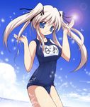  artist_request beach day mabinogi name_tag nao_(mabinogi) one-piece_swimsuit school_swimsuit solo swimsuit twintails 