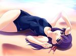  alternate_costume arm_up bangs beach blue_swimsuit breasts clenched_hands crossed_legs day fate/stay_night fate_(series) from_above hair_ribbon long_hair looking_at_viewer lying matou_sakura norizou_type-r ocean on_back on_ground one-piece_swimsuit outdoors parted_lips purple_eyes purple_hair ribbon school_swimsuit small_breasts solo swimsuit water 