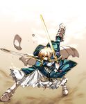  ahoge akari_maki armor armored_dress artoria_pendragon_(all) blonde_hair caliburn dress dual_wielding duplicate excalibur fate/stay_night fate_(series) faulds gauntlets greaves green_eyes hair_ribbon holding long_sleeves mouth_hold one_eye_closed ribbon saber solo sword weapon 