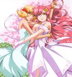  artist_request blonde_hair bracelet cagalli_yula_athha dress floating_hair gundam gundam_seed gundam_seed_destiny hug jewelry lacus_clyne lipstick long_hair looking_at_viewer makeup multiple_girls petals pink_hair short_hair smile 