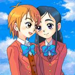  artist_request blazer blue_bow blue_hair bow bowtie brown_eyes futari_wa_precure jacket long_hair long_sleeves lowres misumi_nagisa multiple_girls oekaki orange_hair precure purple_eyes red_jacket school_uniform short_hair striped striped_bow striped_neckwear verone_gakuin_school_uniform yukishiro_honoka 