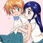  artist_request blue_bow blush bow bowtie breast_grab breasts brown_eyes brown_hair futari_wa_precure grabbing lowres misumi_nagisa multiple_girls pleated_skirt precure purple_eyes purple_hair school_uniform skirt small_breasts striped striped_bow striped_neckwear verone_gakuin_school_uniform yukishiro_honoka yuri 