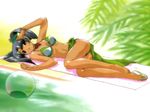  ball barefoot bikini black_hair brown_eyes dark_skin green_sarong kobayashi_takashi looking_at_viewer lying on_side parted_lips pool poolside sandals sarong shoes single_shoe solo swimsuit tan tenshi_no_shippo towel twintails usagi_no_mika 