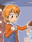  artist_request blazer blue_bow blush bow bowtie brown_eyes brown_jacket futari_wa_precure jacket letter long_sleeves love_letter lowres misumi_nagisa orange_hair precure school_uniform solo striped striped_bow striped_neckwear verone_gakuin_school_uniform 