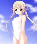  artist_request blonde_hair brown_eyes cloud day hatsukoi long_hair one-piece_swimsuit shiina_yusumi sky solo swimsuit twintails 