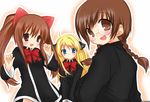  :d aloe_(quiz_magic_academy) blonde_hair blue_eyes blush bow bowtie braid clala glasses hair_ribbon hands_together long_sleeves looking_at_viewer multiple_girls open_mouth quiz_magic_academy red_neckwear ribbon school_uniform shalon shiratama_yomogi sidelocks simple_background smile twin_braids twintails two_side_up v_arms 
