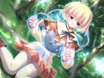  animal blonde_hair blush cat day dutch_angle forest komatsu_eiji long_hair long_sleeves magic majokko_a_la_mode_2 mint_lentil nature outdoors panties pantyshot pantyshot_(sitting) ponytail purple_eyes sitting skirt solo thighhighs underwear white_panties 