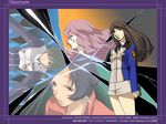  3girls artist_request black_hair brown_hair earrings headband jewelry kamina_ayato kisaragi_quon long_hair long_sleeves mishima_reika multiple_girls pencil_skirt pink_hair rahxephon shitou_haruka short_hair skirt uniform wallpaper 