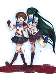  artist_request blood blood_drip blood_on_face bloody_clothes bloody_feet bloody_hands brown_eyes brown_hair closed_eyes cosplay futaba_channel futari_wa_precure green_hair guro_cure kurame kusari_hime:_euthanasia long_hair multiple_girls parody pool_of_blood precure saya saya_no_uta school_uniform shoulder_grab sidelocks standing standing_on_one_leg verone_gakuin_school_uniform very_long_hair 