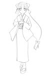  95-tan artist_request full_body greyscale japanese_clothes kimono lineart long_hair long_sleeves looking_at_viewer low-tied_long_hair monochrome os-tan sandals simple_background smile solo standing white_background wide_sleeves 